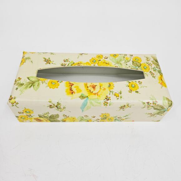 Vintage 60s Plastic Tissue Box Cover White Yellow Flowers MCM Flower Cottagecore - Picture 2 of 8